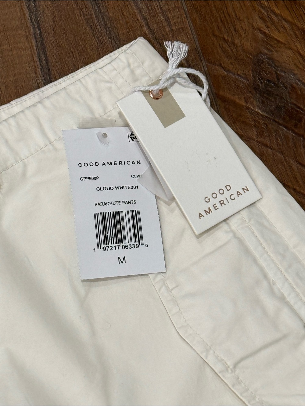 Good American Cloud White Parachute Cargo Pants
